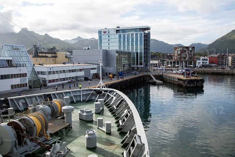 Hurtigruten ferry ship arriving at Svolvaer, Lofoten Islands, Nordland, Norway, Europe