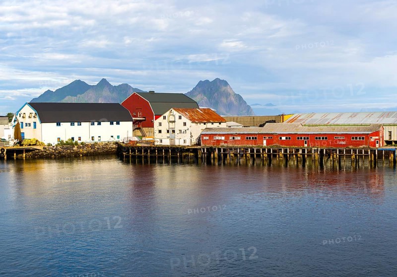 Fish processing buildings at Svolvaer, Lofoten Islands, Nordland, Norway, Europe