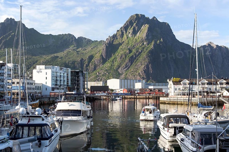 Boats in harbour at Svolvaer, Lofoten Islands, Nordland, Norway, Europe