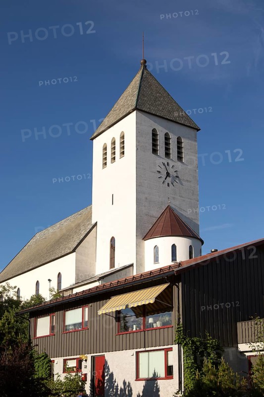 White concrete church at Svolvaer, Lofoten Islands, Nordland, Norway built in 1934