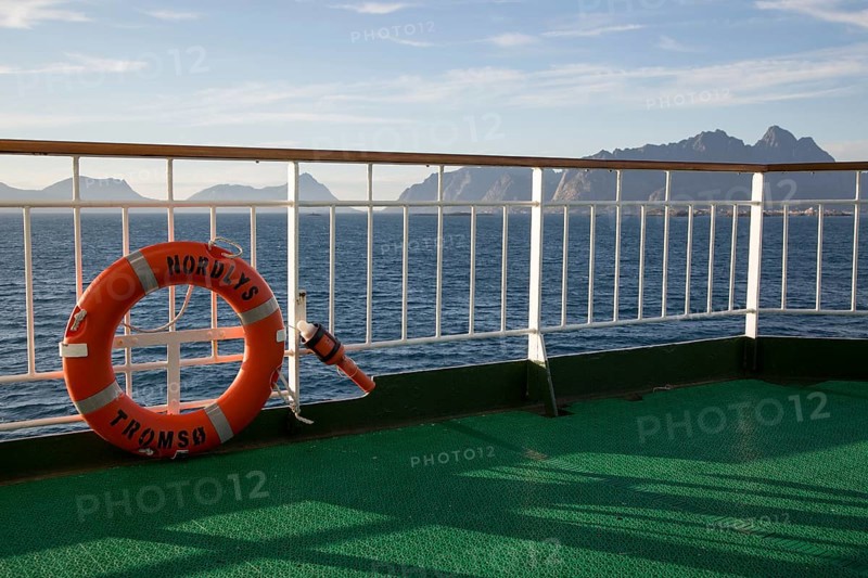 Lofoten Islands, Nordland, northern Norway from 'Nordlys' Hurtigruten ferry ship with life saving bouyancy ring