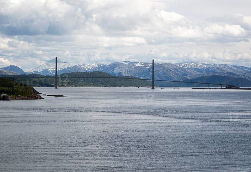 Large concrete cantilever road bridge crossing fiord at Helgeland Bridge, Sandnessjoen, Nordland, Norway, Europe
