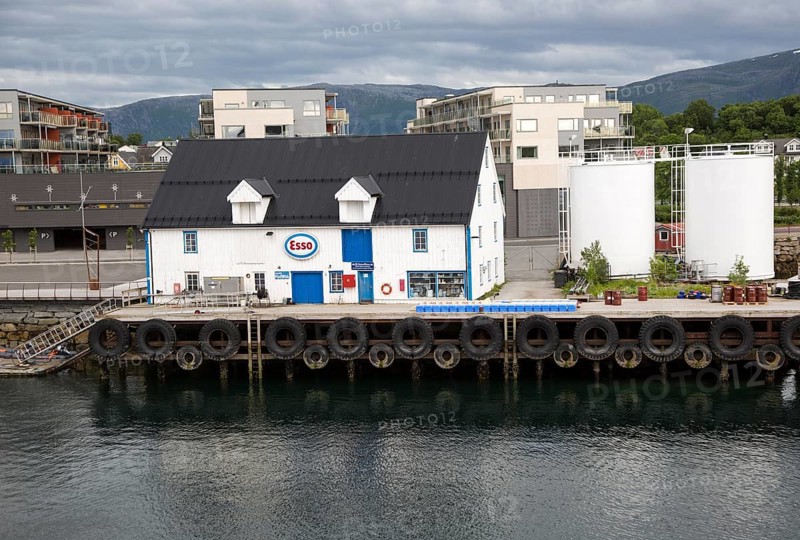 Esso gas petrol station for boats waterside building, Bronnoy, Bronnoysund, Nordland, Norway, Europe