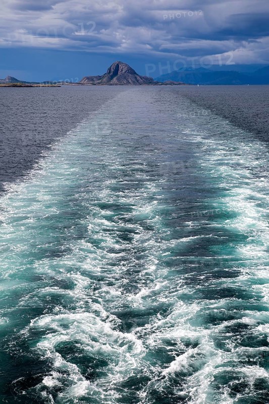 Ship's wake view to Torghatten, Torget island, Brønnøy, Nordland county, Norway, Europe