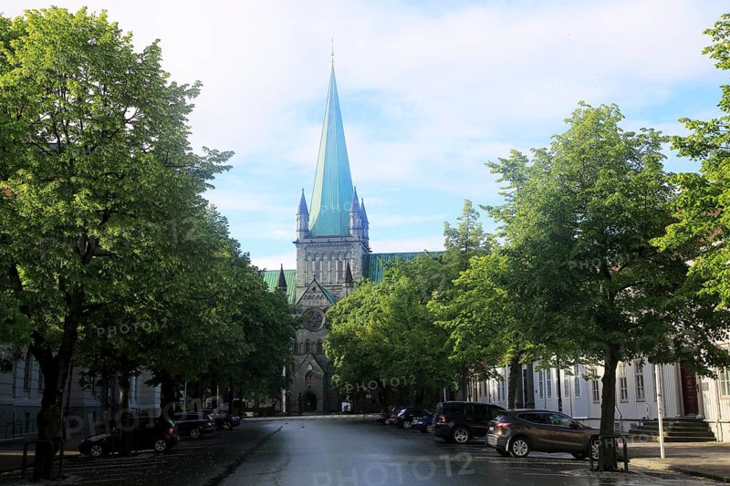 Early morning sunshine on historic cathedral spire, Nidaros Domkirke, Trondheim, Norway, Europe