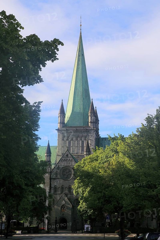 Early morning sunshine on historic cathedral spire, Nidaros Domkirke, Trondheim, Norway, Europe