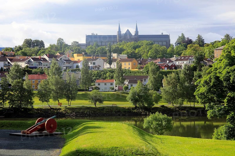 View over River Nidelva towards Norwegian University of Science and Technology, Trondheim, Norway, Europe