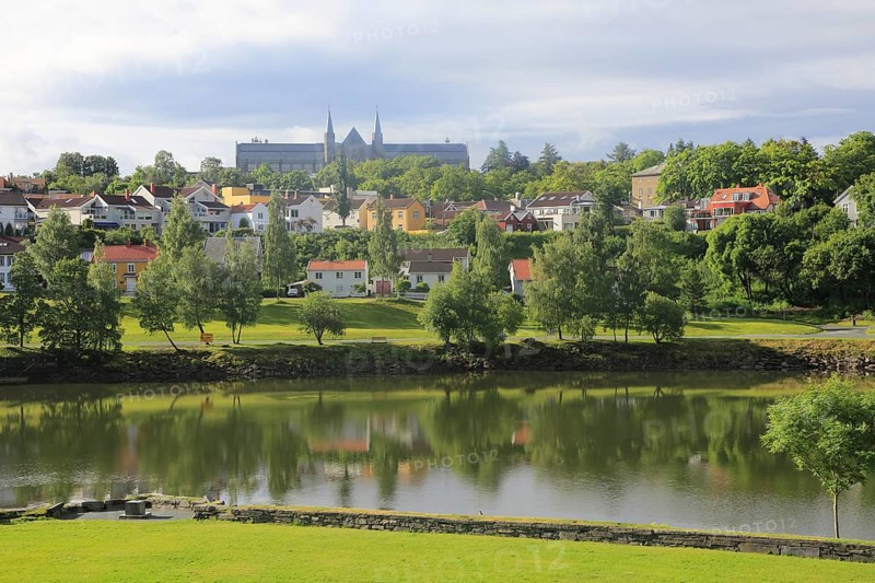 View over River Nidelva towards Norwegian University of Science and Technology, Trondheim, Norway, Europe