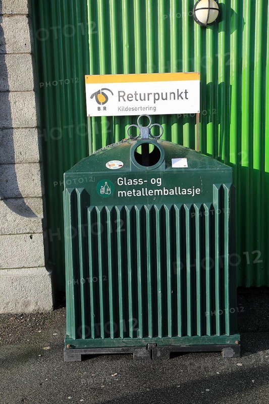 Glass and metal recycling street collection container, Bergen, Norway, Europe