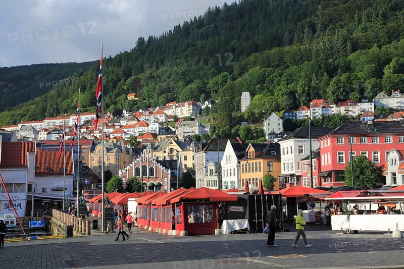 Historic buildings in the Torget fish market square area of Vagen harbour, Bergen, Norway, Europe