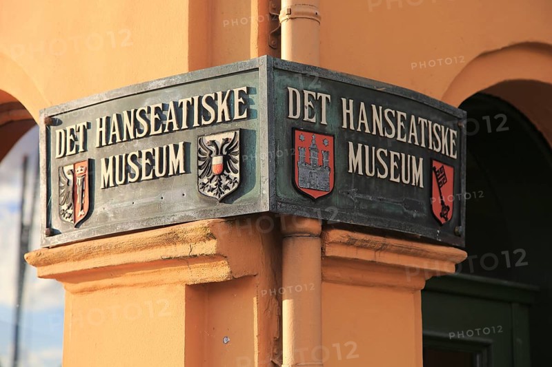 Close up of sign for the Hanseatic museum Bryggen area, city of Bergen, Norway UNESCO World Cultural Heritage site