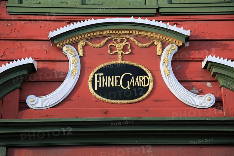Close up of shop sign in Bryggen area, city of Bergen, Norway UNESCO World Cultural Heritage site