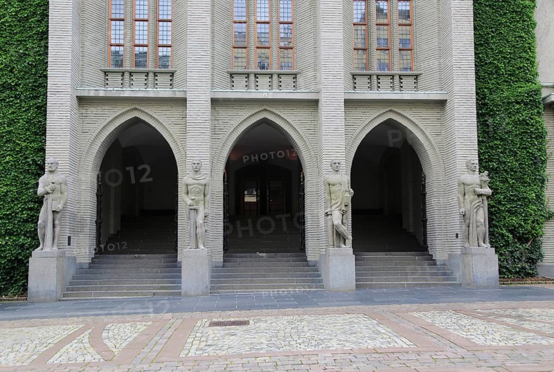 Four cardinal virtues statues outside law court building, city of Bergen, Norway, Europe