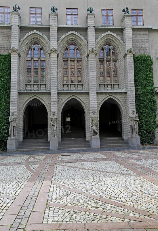 Four cardinal virtues statues outside law court building, city of Bergen, Norway, Europe