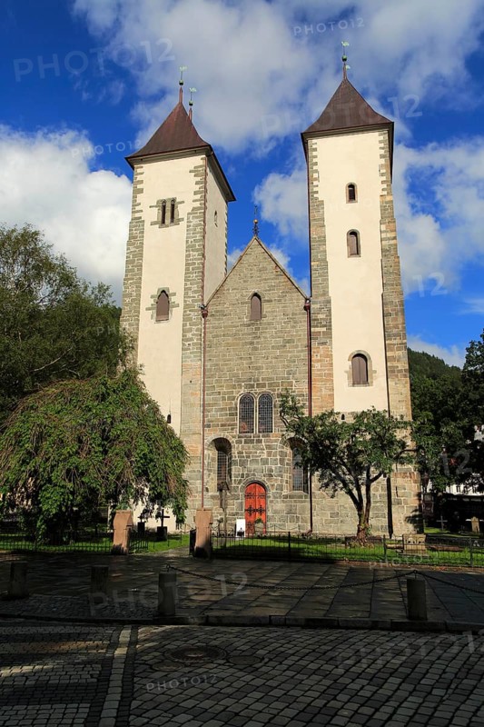Two towers St Mary's Church, Mariakirken, Bryggen area, Bergen, Norway dating from twelfth century