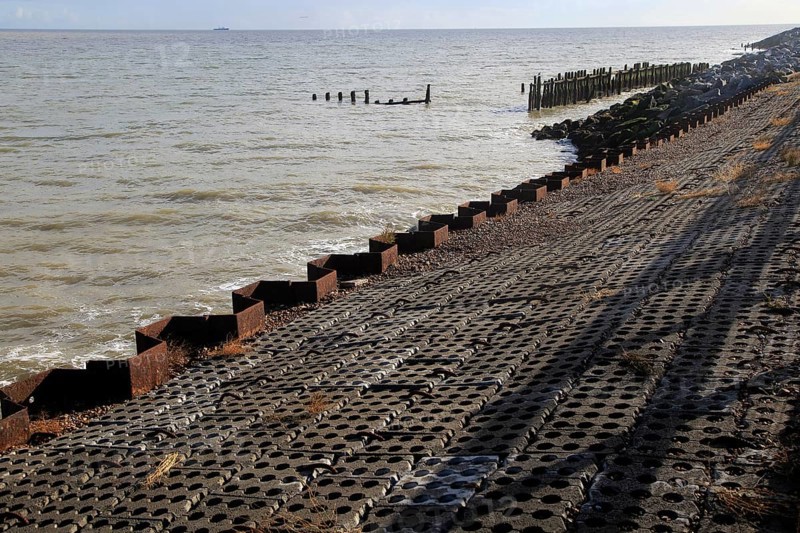 North Sea coastline coastal defences at East Lane, Bawdsey, Suffolk, England, UK
