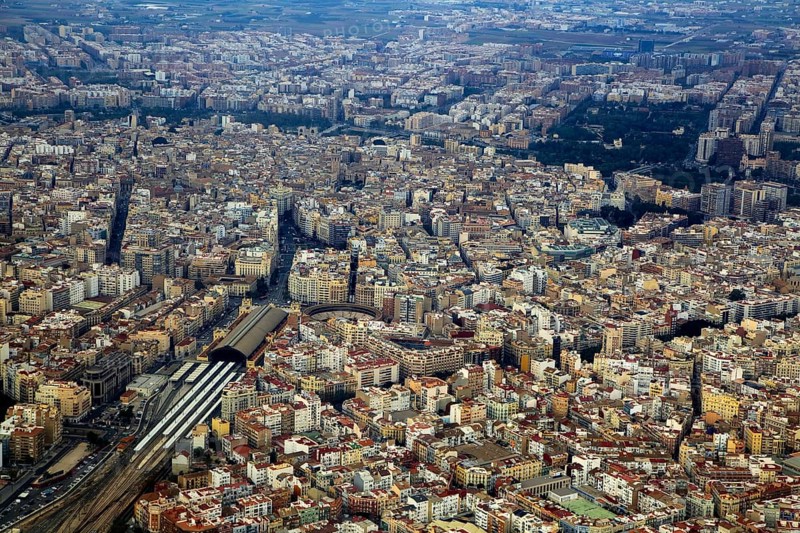 Aerial view of city centre of Valencia, Spain Estació del Nord railway station area
