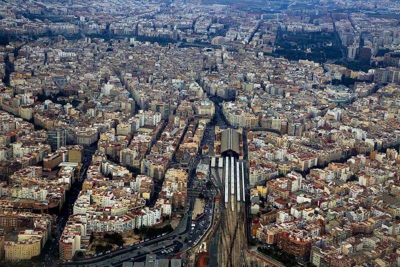 Aerial view of city centre of Valencia, Spain Estació del Nord railway station area