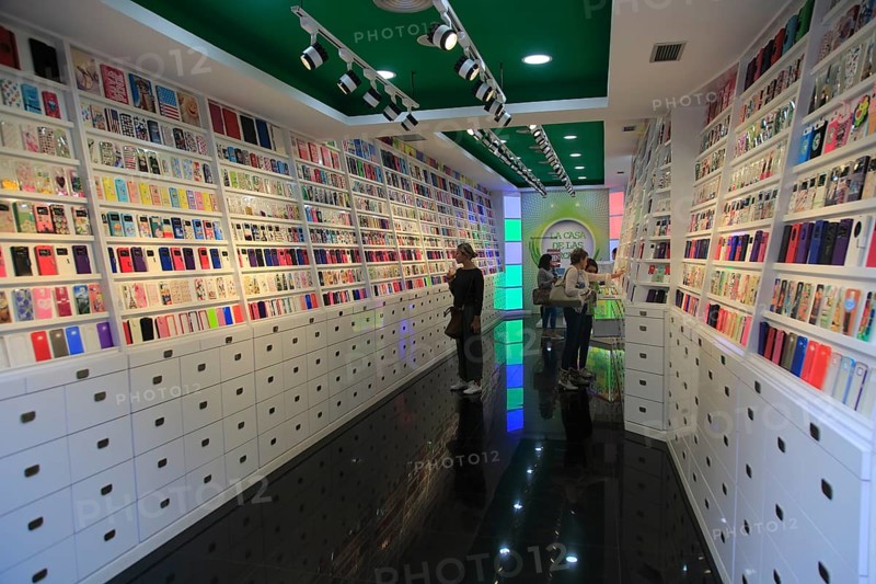 Interior of shop selling mobile phone cases, Valencia, Spain, Europe
