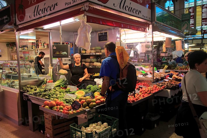 Food stall inside central market building, city of Valencia, Spain, Europe