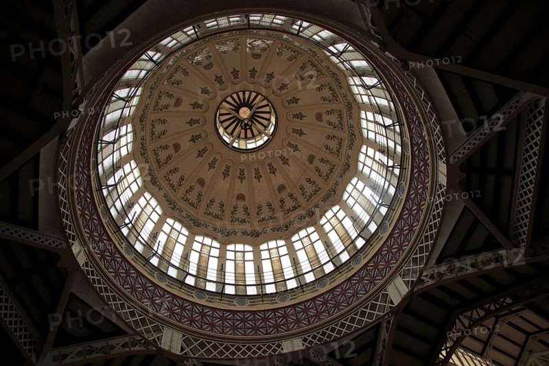 Inside central market building, city of Valencia, Spain glass domed roof