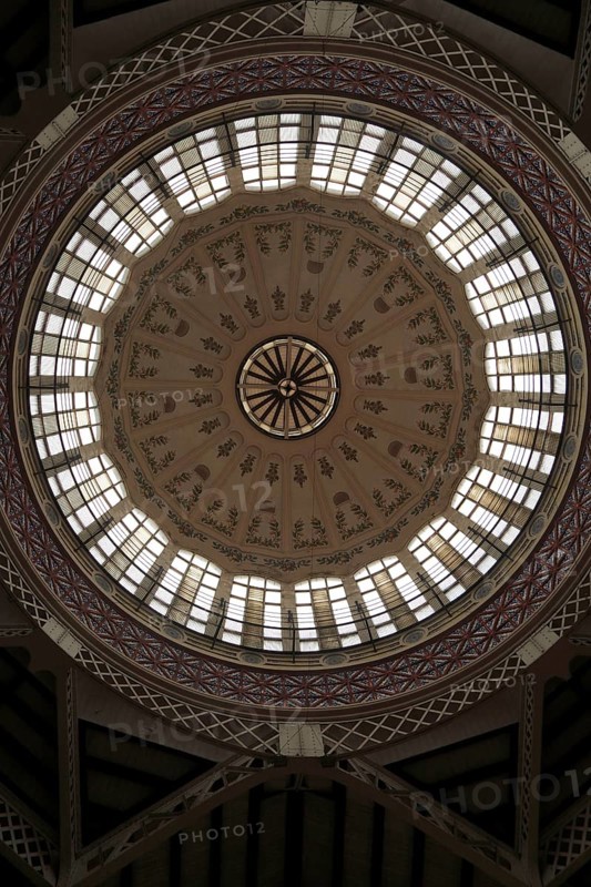 Inside central market building, city of Valencia, Spain glass domed roof