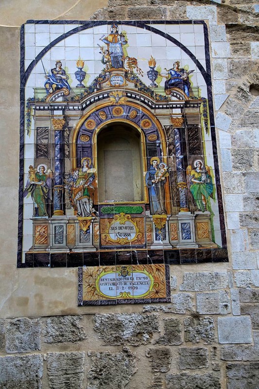 Historic religious ceramic tiles church wall, Iglesia de Santa Catalina Mártir, city of Valencia, Spain, Europe