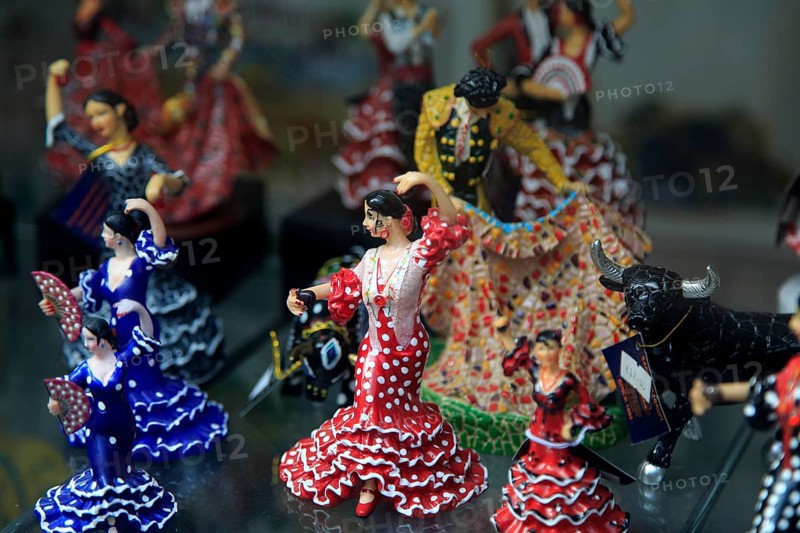 Souvenir gift model figures in shop window display, Benidorm, Spain flamenco dancers bull fighting, matador