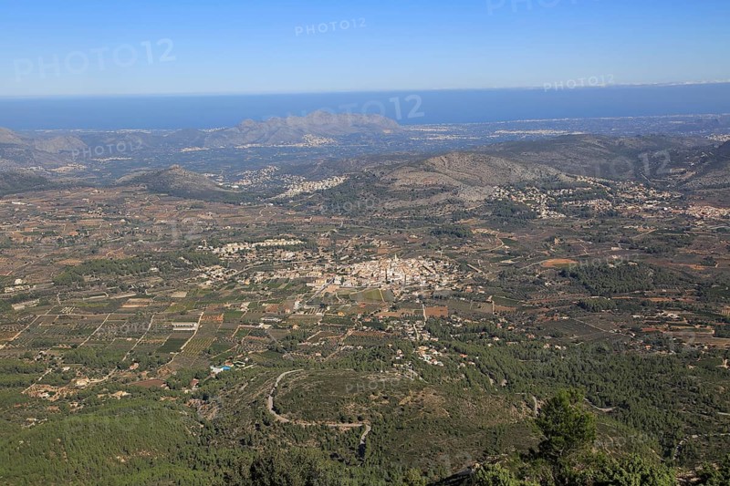 Raised view over Parcent village and Pop Valley, La Marina Alta, Alicante province, Spain, Europe