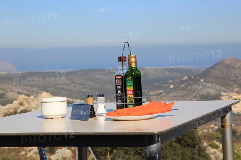 Terrace restaurant reserved table with view, Mirador del Coll de Rates, Tarbena, Marina Alta, Alicante province, Spain, Europe