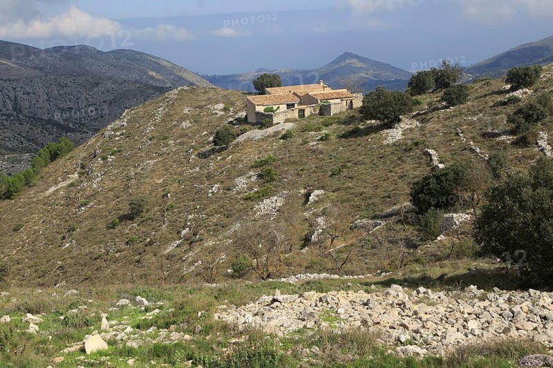 Farmhouse in Carboniferous limestone landscape, near Benimaurell, Vall de Laguar, Marina Alta, Alicante province, Spain, Europe