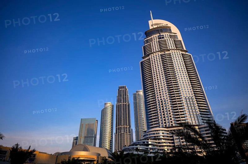 Hotel The Address Downtown, Skyscrapers, high-rise buildings, Financial District, Logo EMAAR, Downtown, Dubai, evening light, United Arab Emirates, VAR, Asia