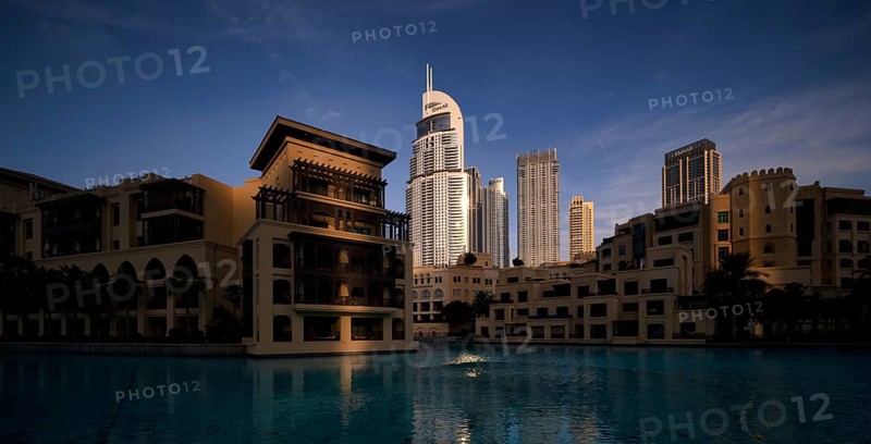 Hotel The Address Downtown, Souk Al Bahar, shopping centre, skyscrapers, skyscrapers, Financial District, Logo EMAAR, Lake Burj Khalifa, Downtown, Dubai, evening light, United Arab Emirates, VAR, Asia