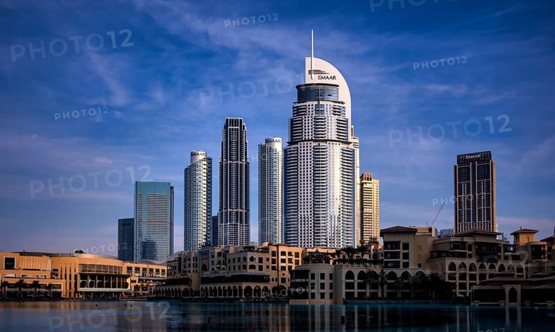 Hotel The Address Downtown, Dubai Mall and Souk Al Bahar, shopping centre, skyscrapers, skyscrapers, Financial District, Logo EMAAR, Lake Burj Khalifa, Downtown, Dubai, evening light, United Arab Emirates, VAR, Asia