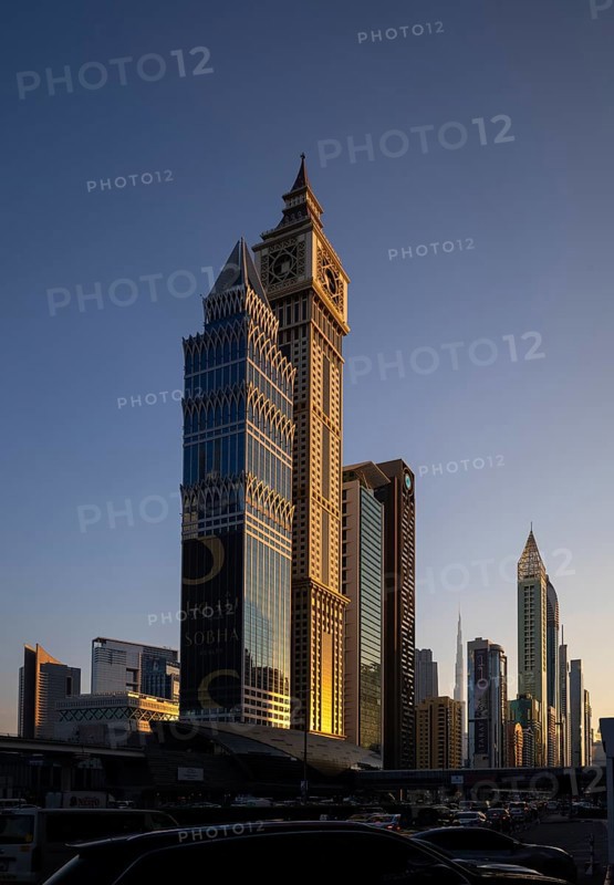 Burj Khalifa, Al Yaqoub Tower, Gerova Hotel, skyscrapers, skyscrapers, Downtown, Financial District, evening light, golden hour, Dubai, United Arab Emirates, VAR, Asia