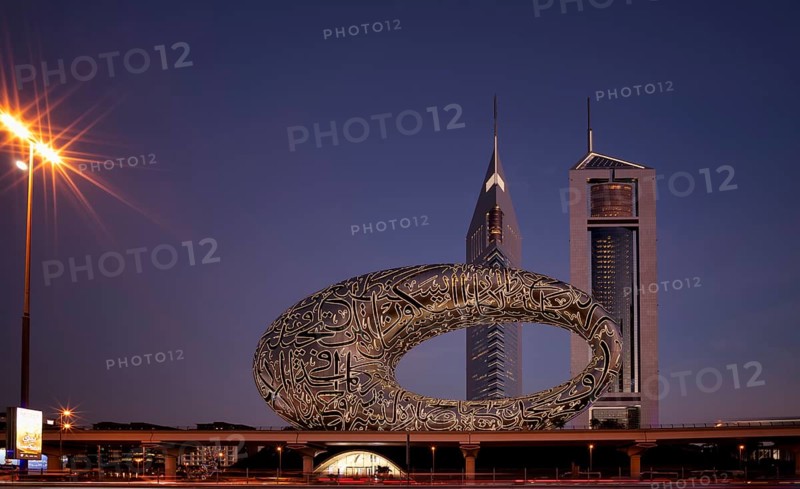 Night shot, entrance, Museum of the Future, behind Jumeirah Emirates Towers, skyscrapers, skyscrapers, downtown, Financial District, long exposure, light trails on Sheikh Zayed Road, Dubai, United Arab Emirates, VAR, Asia