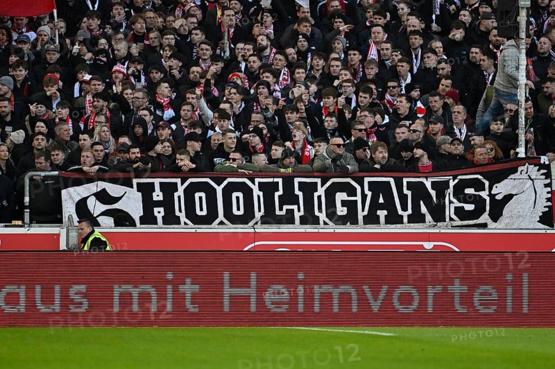 Banner, fan poster, banner, poster, banner, fan campaign HOOLIGANS in front of perimeter advertising WITH HOME ADVANTAGE, Ultras, fan group, Cannstatter Kurve, MHPArena, MHP Arena Stuttgart, Baden-Württemberg, Germany, Europe