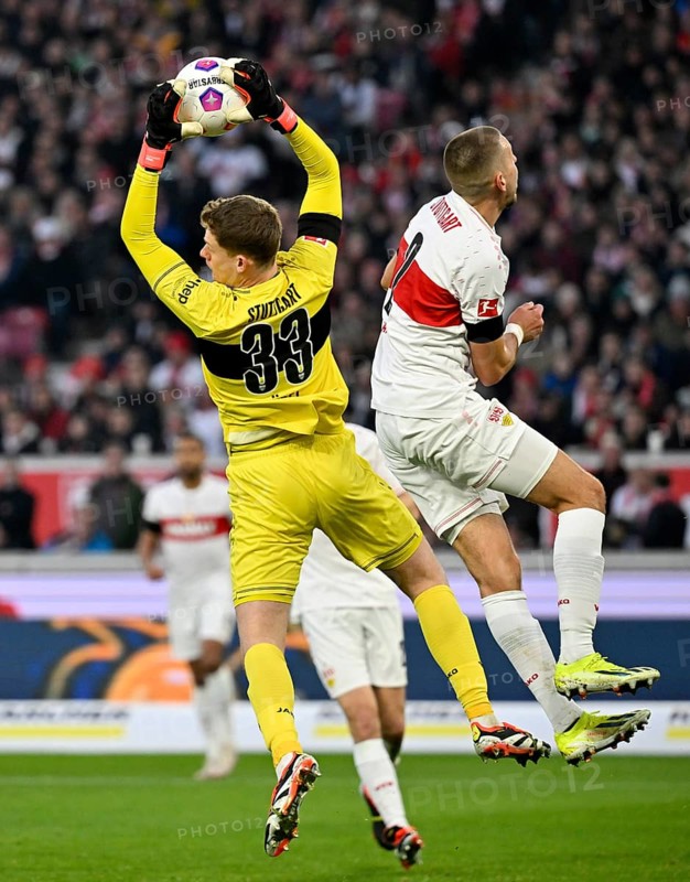 Penalty area scene, goal area scene Goalkeeper Alexander Nuebel VfB Stuttgart (33) and Waldemar Anton VfB Stuttgart (02) MHPArena, MHP Arena Stuttgart, Baden-Württemberg, Germany, Europe