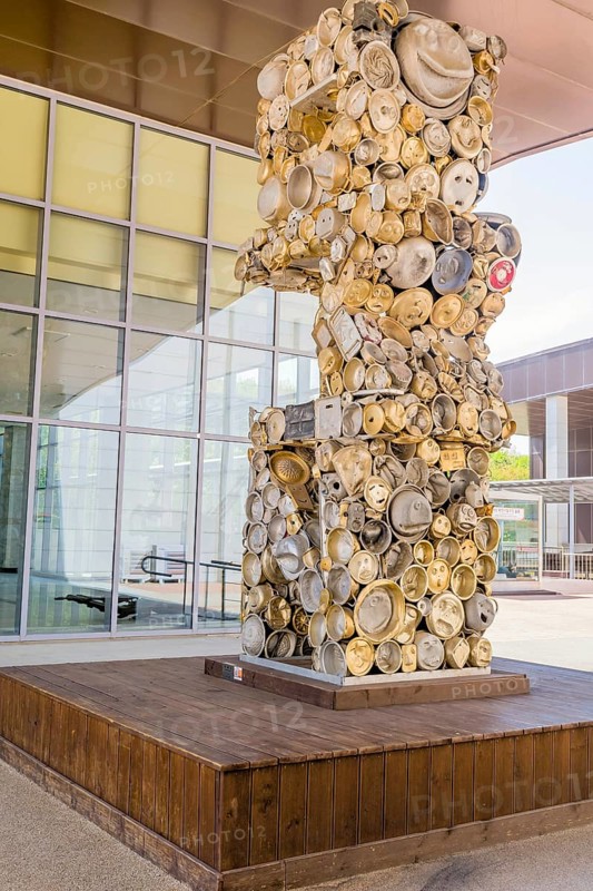 Sculpture spelling DMZ made of discarded pots and pans at DMZ Unification Observation Museum in Goseong, South Korea, Asia