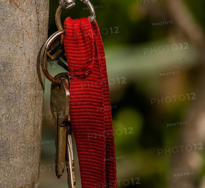 Keys on a keyring with red strap hanging from a metal pole in a wooded area in Guam