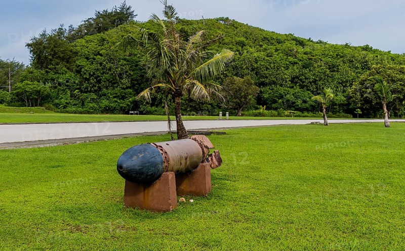 Side view of WWII torpedo in a public park in Guam