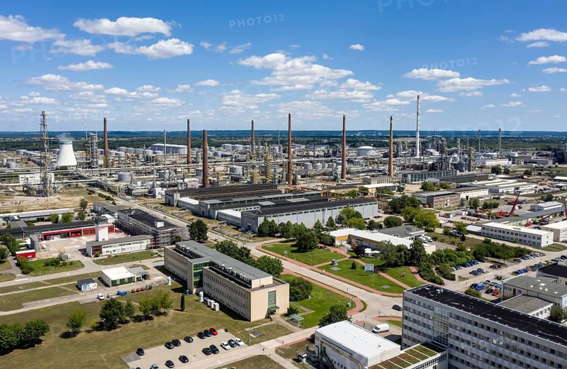 Aerial view of PCK Raffinerie GmbH in Schwedt. The refinery could be converted to produce climate-neutral paraffin in the long term, Schwedt, 14 July 2022