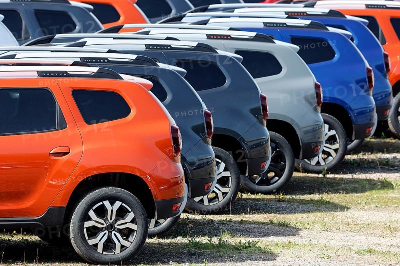New Dacia cars parked in a car terminal at the port of Duisburg, 11.04.2022