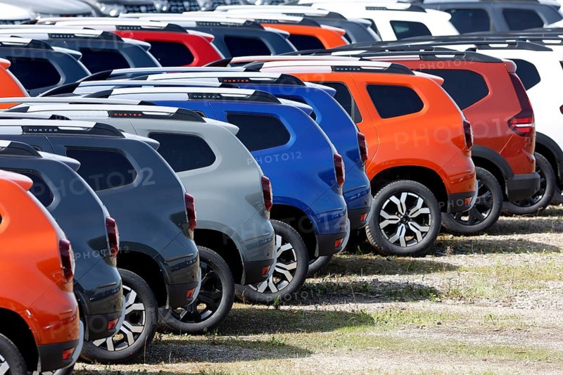 New Dacia cars parked in a car terminal at the port of Duisburg, 11.04.2022