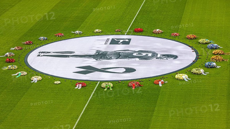 Banner with Franz Beckenbauer and wreaths of flowers, funeral service of FC Bayern Munich for Franz Beckenbauer, Allianz Arena, Fröttmaning, Munich, Upper Bavaria, Bavaria