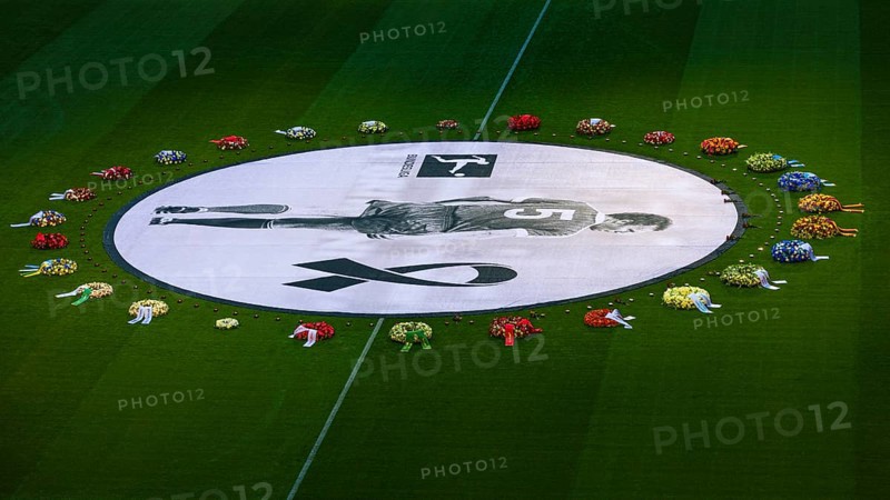 Banner with Franz Beckenbauer and wreaths of flowers, funeral service of FC Bayern Munich for Franz Beckenbauer, Allianz Arena, Fröttmaning, Munich, Upper Bavaria, Bavaria