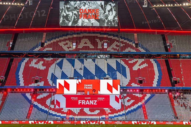 The speaker's stage at the end of the event, at the top of the scoreboard pictures of Franz Beckenbauer with the inscription Danke Franz, funeral service of FC Bayern Munich for Franz Beckenbauer, Allianz Arena, Fröttmaning, Munich, Upper Bavaria, Bavaria