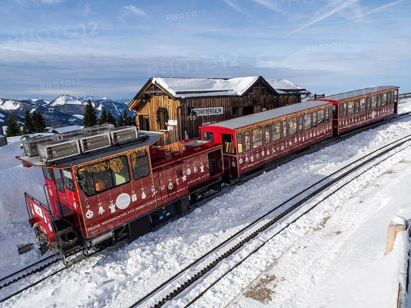 Schafberg cog railway decorated for Christmas on the Schafbergalm, St.Wolfgang, Salzkammergut, Upper Austria, Austria, Europe