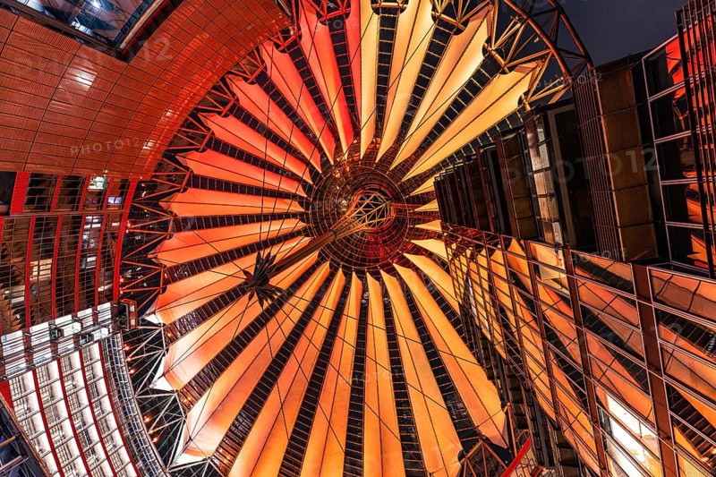 Fascinating roof construction of a building at night, illuminated and colourful, Sony Center, Berlin, Germany, Europe