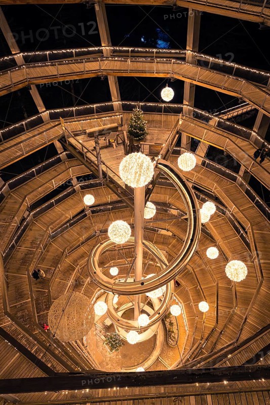 Nocturnal panoramic view of a spiral observation tower with lights, Enchanting forest dwellers, Treetop Walk Bad Wildbad, Black Forest, Germany, Europe